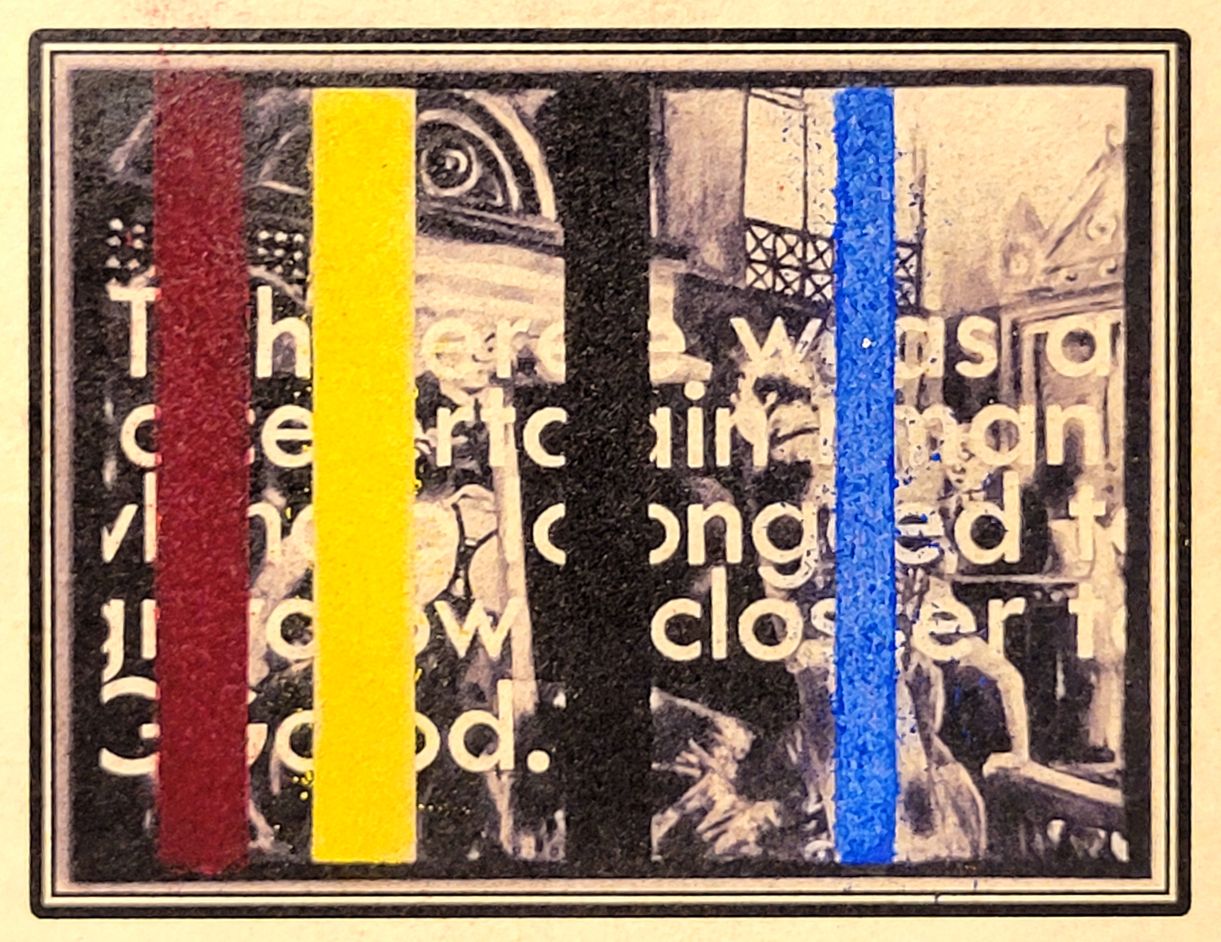 Hand-colored iron gall monotype — urban scene with primary color bands