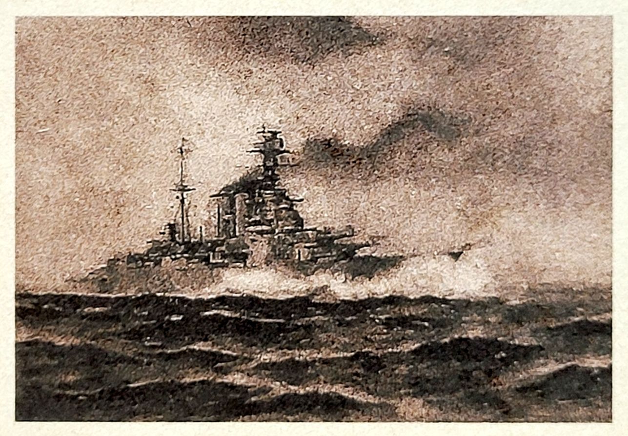Iron gall commemorative print — warship at sea