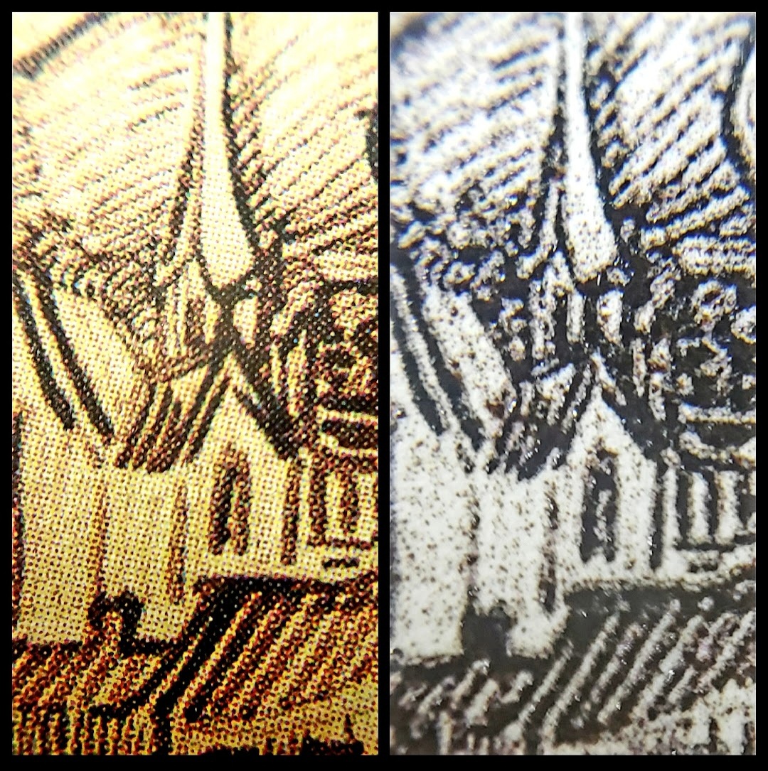 Side by side comparison: offset image precursor left, iron gall print right — demonstrating the transformation of US Patent 10,744,796