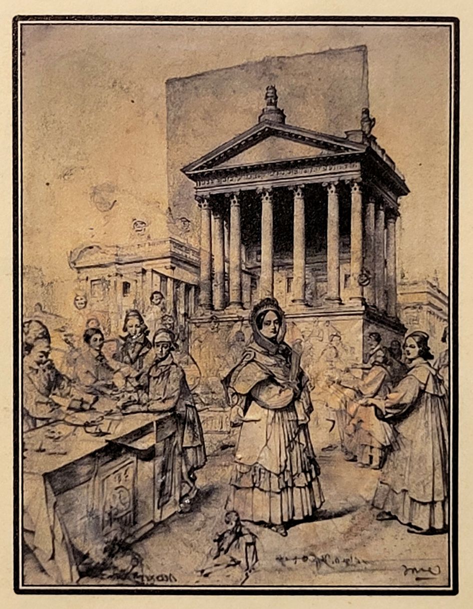 Classical scene — figures gathered before a temple