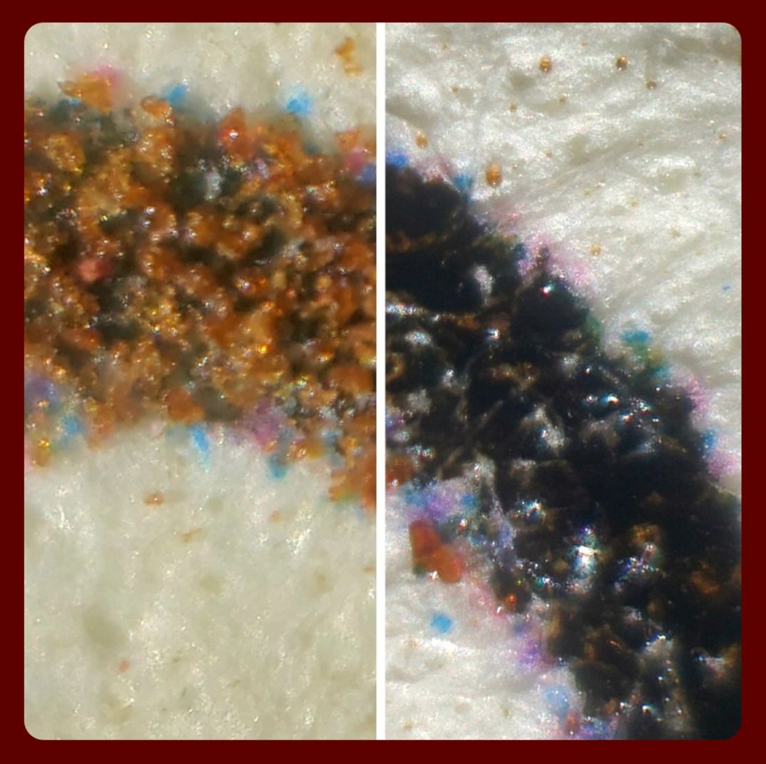 Side by side microscopy: tannin held by inkjet ink pre-iron salts left, post iron salt conversion right